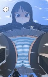 1boy black_hair black_socks blue_striped_panties female female_focus giantess k-on! looking_down mio_akiyama_(k-on!) ochiko_terada panties school_uniform schoolgirl size_difference