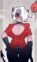 accurate_art_style ai_generated brainwashed brainwashing breasts confused_look cross_necklace demon_girl demon_horns demon_tail female hands_on_hips helltaker horns hypnosis masochism masochistic_female massive_breasts mind_control nervous_smile open_shirt pendulum pixai red_eyes secretly_loves_it sharp_teeth smile spiral spiral_eyes submissive_female sweat sweatdrop tagme utter_domination voluptuous voluptuous_female wet white_hair zdrada_(helltaker)