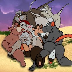 2019 absurd_res an_american_tail anthro ass balls bernard_(the_rescuers) black_nose brown_body clothing disney don_bluth erection eyewear facial_hair genitals glasses grey_body group hat headgear headwear hi_res kissing male male/male mammal master_splinter mature_male mouse moustache murid murine oral overweight overweight_male papa_mousekewitz penis r4c00n rodent teenage_mutant_ninja_turtles the_rescuers_(disney) tongue tongue_out unknown_character