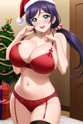 ai_generated aqua_eyes bedroom belly_button blush christmas christmas_hat christmas_outfit christmas_tree cowboy_shot female garter_belt green_eyes huge_breasts indoors kurodex lingerie long_hair love_live! love_live!_school_idol_project low_twintails naughty_face posing purple_hair scrunchie seductive_smile solo standing toujou_nozomi twintails wide_hips