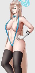 asuna_(blue_archive) asuna_(bunny)_(blue_archive) beauty_mark bikini blonde_hair blue_archive blue_eyes blush breasts gloves hand_on_hip large_breasts long_hair millennium_science_school_student mole_on_breast poketune sling_bikini slingshot_swimsuit smile solo teeth