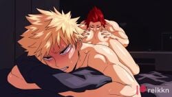 2boys animated ass_up bakugou_katsuki boku_no_hero_academia eijirou_kirishima eyes_closed gay gay_sex katsuki_bakugou kirishima_eijirou looking_pleasured multiple_boys multiple_males muscular muscular_male my_hero_academia naked no_sound on_bed on_stomach red_hair reikkn rimjob rimming tagme video yaoi yellow_hair