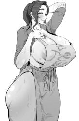 1girls alternate_breast_size alternate_version_available apron areola_slip areolae big_breasts black_and_white blush breasts cleavage ear_piercing earrings efto_(pixiv) female female_only game_freak hair hand_behind_head huge_breasts large_breasts lips mature mature_female mature_woman milf monochrome mother mother_(pokemon_sv) open_shirt pokemon pokemon_sv shirt smile solo solo_female sweat sweatdrop thighs