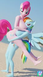 3d_(artwork) anthro blue_body blue_eyes blue_skin breast_smother breasts cutie_mark duo feet female female/female friendship_is_magic hasbro lips my_little_pony pink_body pink_eyes pink_hair pink_skin pinkie_pie_(mlp) pootanger_sfm rainbow_dash_(mlp) rainbow_hair signature smile tail wings