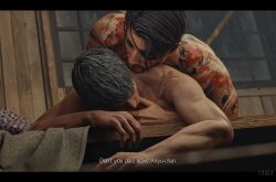 3d 3d_model anal anal_insertion anal_sex dialogue eruda_rgg eye_patch eyepatch gay gay_anal gay_sex intimate kiryu_kazuma majima_goro male male/male male_focus male_only male_penetrated male_penetrating male_penetrating_male passionate rgg_studio ryuu_ga_gotoku sega sensual tattooed_male tattoos text yakuza_(series)