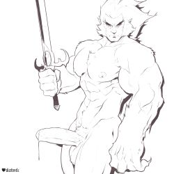 anthro balls bara big_penis boner dizdoodz erection fight_boner furry lion-o looking_at_viewer male male_only monochrome muscles muscular nude penis solo solo_male sword thundercats