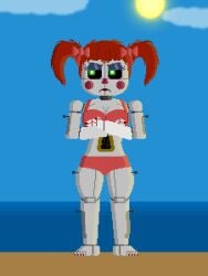 angry animatronic animatronic_female arms_crossed baby_(fnafsl) beach bikini black_sclera blue_eyeshadow blue_sky bow circus_baby circus_baby_(fnaf) cleavage cloud clouds clown clown_girl clown_makeup crossed_arms crossing_arms eyelashes eyeshadow feet five_nights_at_freddy's five_nights_at_freddy's:_sister_location fnaf frown frowning green_eyes hair_ornament hairbow lipstick midriff ocean pale-skinned_female pale_skin red_hair robot robot_girl rosy_cheeks solo springroll sun swimsuit swimwear thick_thighs thighs twintails water white_skin