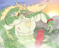 1boy asano_(asanoozeann) bara beard blush chest_tuft chinese_zodiac cloaca dragon_boy dragon_ears dragon_horns dragon_tail erection facial_hair forked_eyebrows fur-tipped_tail furry furry_male girthy_penis goatee green_fur highres horns huge_pectorals large_hands large_pectorals large_penis looking_at_viewer male_focus mature_male muscular muscular_male nipples onsen original outstretched_arms pectorals penis see-through sideburns solo spread_arms sunrise tail thick_beard thick_eyebrows uncensored year_of_the_dragon