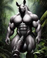 1boy ai_generated anthro equine_penis horse_penis horsecock huge_balls huge_cock lonely_man massive_balls massive_penis monster monster_cock muscular muscular_anthro muscular_male rhinoceros