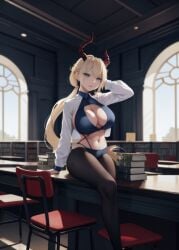 1girls ai_generated big_ass big_breasts blonde_hair blue_eyes book_stack bookcase breasts chair cleavage day demon demon_girl facing_viewer horns indoors library long_hair looking_at_viewer naughty_face no_bra pantyhose pile_of_books ponytail solo table window