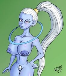 angel angel_(dragon_ball) big_breasts blue_skin dragon_ball dragon_ball_super halo ponytail pubic_hair purple_eyes thick_thighs vados white_hair wizkid28