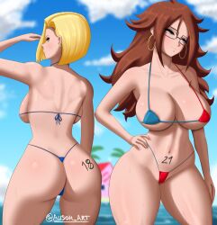 2girls almost_naked android_18 android_21 android_21_(human) ass ausoh bare_arms bare_ass bare_back bare_breasts bare_legs bare_midriff bare_shoulders bare_thighs barefoot big_areola big_areolae big_ass big_breasts big_butt bikini bikini_top_only blonde_hair blue_bikini blue_eyes blue_g-string blue_panties breasts brown_hair bubble_ass bubble_butt busty casual_exposure cleavage dragon_ball dragon_ball_fighterz dragon_ball_super dragon_ball_z exposed_ass exposed_butt feet_out_of_frame female female_only g-string g-string_only glasses half_naked huge_areola huge_areolae huge_ass huge_breasts huge_butt humanoid_robot large_areolae large_ass large_breasts large_butt legs long_hair mature_female micro_bikini midriff multiple_girls navel number_tattoo numbered panties public_exposure red_bikini red_panties robot short_hair shounen_jump smile string_bikini swimsuit tattoo thong_bikini tits two_tone_g-string two_tone_g-string_bikini underwear