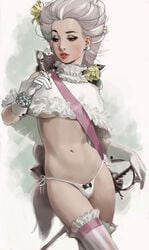 1girls clothed lips navel standing sword thong underboob whiskypaint white_hair