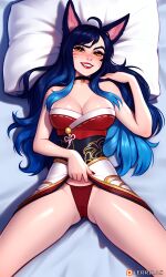 ahri ai_generated choker eyeshadow grin league_of_legends lerrilas lipstick red_panties riot_games smile_at_viewer yellow_eyes