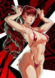 atlus bikini cameltoe kasumi_yoshizawa latex_swimsuit looking_at_viewer nemodecy peace_sign persona persona_5 persona_5_royal ponytail red_eyes red_hair red_swimsuit revealing_swimsuit skimpy_bikini sumire_yoshizawa swimsuit toned toned_female