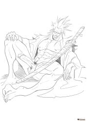 balls bara big_penis bleach boner dizdoodz erection eyepatch kenpachi_zaraki looking_at_viewer male male_only monochrome muscles muscular pantsless penis sitting solo solo_male spread_legs