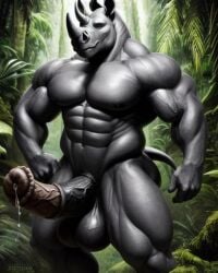 1boy ai_generated anthro dripping_cum equine_penis horse_penis horsecock huge_balls huge_cock lonely_man massive_balls massive_penis monster monster_cock muscular muscular_anthro muscular_male rhinoceros