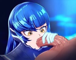 2boys atlus blue_hair blush fellatio femboy gay girly long_hair male male_only nahobino_(smt) okaimikey oral penis protagonist_(shin_megami_tensei_v) shin_megami_tensei shin_megami_tensei_v trap yaoi yellow_eyes