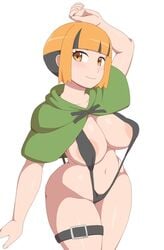 1girls belly_button belt big_areola big_breasts blush blushing breasts eye_contact female gardenia_(pokemon) kabeume looking_at_viewer nintendo orange_eyes orange_hair pokemon pokemon_dppt sagging_breasts short_hair smiling smiling_at_viewer solo standing thick_thighs thighs two_tone_hair wide_hips