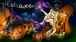 bat bats blonde_hair cat_ears cat_tail cats collar exylemia feline garden girl green_eyes halloween halloween_2021 halloween_costume hat magic original_character pumpkin pumpkins purple_collar purple_dress purple_hat purple_stockings stockings vampire vampire_girl witch witch_girl witch_hat