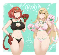 bikini cat_ears cat_gloves imminent_sex mythra pyra text tora_(xenoblade) xenoblade_(series) xenoblade_chronicles_2