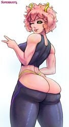 1girls 2021 2d :p artist_name ass ass_focus breasts bubble_butt dat_ass eyebrows eyelashes female female_focus female_only full_color fully_clothed highleg looking_at_viewer looking_back mina_ashido my_hero_academia no_penetration one_eye_closed pants pants_down pants_pull pants_pulled_down peace_sign pink_hair pink_skin simple_background solo solo_female solo_focus superbusty thighs thong tight_pants tongue tongue_out v v_sign white_background yellow_thong yoga_pants