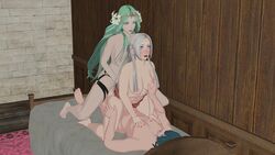 1boy 2girls 3d alternate_version_available bisexual_(female) breast_grab breasts byleth_(fire_emblem) byleth_(fire_emblem)_(male) completely_nude double_penetration edelgard_von_hresvelg emilyblend34 ffm_threesome fire_emblem fire_emblem:_three_houses green_eyes green_hair large_breasts long_hair medium_breasts multiple_girls nail_polish nintendo nipples nude nude_female on_bed open_mouth panties red_nails red_panties rhea_(fire_emblem) sex_toy smile strap-on threesome very_long_hair white_hair