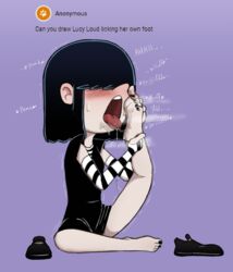 1girls artist_request bare_thighs barefoot black_dress black_hair cartoony enjoying female female_only foot_fetish fully_clothed grabbing_own_leg licking licking_own_foot lucy_loud mannysdirt nail_polish nickelodeon saliva_drip shoes solo text the_loud_house tongue tongue_out