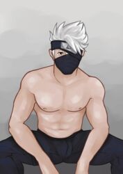 1boy bara bichikyu gay hatake_kakashi male male_focus male_only masked masked_male naruto shirtless sitting solo teacher white_hair yaoi