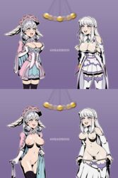 4headboiii breasts drooling emilia_(re:zero) female hypnosis melia_antiqua mind_control nipples open_mouth pussy re:zero_kara_hajimeru_isekai_seikatsu spiral_eyes undressing xenoblade_(series)