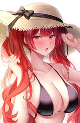 1girls 2021 :o azur_lane bangs bikini black_bikini black_bow blunt_bangs blush bow breasts brown_headwear cleavage collarbone eagle_union_(azur_lane) ear_blush eyebrows_visible_through_hair female female_focus female_only hat hat_bow hat_ornament highres honolulu_(azur_lane) honolulu_(summer_accident?!)_(azur_lane) large_breasts light-skinned_female light_skin long_hair looking_at_viewer nail_polish official_alternate_costume open_mouth pink_nails red_eyes red_hair simple_background solo straw_hat sweat swimsuit twintails upper_body v-shaped_eyebrows very_long_hair white_background yukinimaru