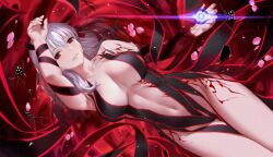 arm_up armpits bangs bare_shoulders breasts cherry_blossoms cleavage dark_persona dark_sakura fate/stay_night fate_(series) female glowing hair_ribbon highres large_breasts lips long_hair lying matou_sakura navel on_back pale_skin parted_lips petals red_background red_eyes revealing_clothes ribbon smile white_hair yijian_ma