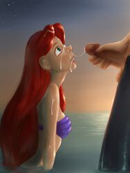 1boy 1girls ariel breasts cum cum_dripping_down_chin cum_in_hair cum_on_body cum_on_breasts cum_on_face cum_on_upper_body cum_string cumdrip cumshot cumstring disney disney_princess facial facial_cumshot mermaid ocean partially_submerged penis red_hair sea seashell_bra smile smiling sunset tagme the_little_mermaid unknown_artist