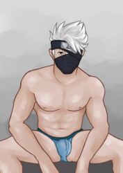 1boy bara bichikyu blue_underwear gay hatake_kakashi male male_focus male_only masked masked_male muscular naruto sitting solo teacher undies white_hair yaoi