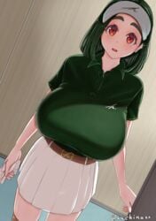 1girls artist_name artist_signature bakunyuu belt belt_buckle breasts brown_belt buckle bursting_breasts chinushroya collared_shirt cowboy_shot dark_green_hair dot_nose dutch_angle earrings enormous_breasts facing_viewer female_focus gloves golf golf_outfit green_eyebrows green_hair green_shirt high_resolution highres holding holding_clothes huge_breasts impossible_clothes indoors looking_at_viewer medium_hair open_mouth orange_eyes original original_character pleated_skirt polo_shirt shiny shiny_eyes shiny_skin shirt shirt_tucked_in short_sleeves skirt sport standing thick_eyebrows thighhighs tight_fit tight_shirt twitter_username visor voluptuous web_address white_gloves white_skirt xxchinuxx zettai_ryouiki