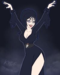 1girls 2d animated black_background black_dress black_hair blue_eyes cassandra_peterson elvira elvira:_mistress_of_the_dark eyeshadow female female_only fully_clothed gif goth halloween kyde large_breasts pose sfw smile solo