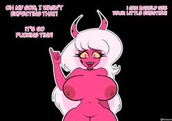 1girls areola big_breasts bimbo black_eyes breasts demon demon_girl demon_horns female female_only helluva_boss horns hourglass_figure ketadune laugh laughing looking_at_viewer nipples pink_hair pinky_out pov red_skin small_penis_humiliation solo sph succubus text thick_thighs thighs vagina verosika_mayday_(helluva_boss) voluptuous white_hair yellow_eyes