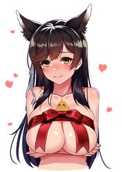 1animal 1girls 2020 absurdres animal animal_ears animal_on_chest april_fools atago_(azur_lane) azur_lane bangs bird black_hair blush breast_hold breasts chick closed_mouth collarbone commentary_request cropped_torso extra_ears eyebrows_visible_through_hair female female_focus female_only hair_between_eyes heart highres huge_breasts kagiyama_(clave) long_hair looking_at_viewer manjuu_(azur_lane) mole mole_under_eye naked_ribbon red_ribbon ribbon simple_background solo solo_female solo_focus standing swept_bangs upper_body white_background yellow_eyes