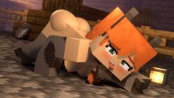 3d alex_(minecraft) beveledblock big_ass commission cosplay costume cow_bell cow_print female female_only green_eyes looking_at_partner looking_up medium_breasts mine-imator minecraft orange_hair original_character outside solo solo_female square_body tagme tongue_out wolf_ears