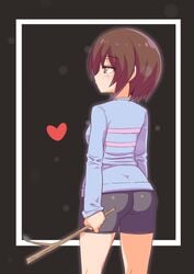 amber_eyes back_view bike_shorts brown brown_hair cougar1404 facing_away female female_only frisk fully_clothed hair heart sfw simple_background solo solo_female stick sweater tight_clothing undertale undertale_(series)