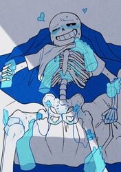 1boy animated_skeleton blue_blush blush blushing bottomless disembodied_hand disembodied_hands egg_vibrator floating_hands gay heart laying_on_bed lying_on_bed male male_focus no_genitals non-human sans sex_toy shirt_lift shirt_up skeleton solo_focus undertail undertale undertale_(series) undertale_sans vibrator