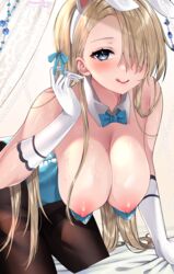 2d :q absurdres all_fours animal_ears arm_support asuna_(blue_archive) asuna_(bunny)_(blue_archive) bangs black_legwear blonde_hair blue_archive blue_bow blue_eyes blue_leotard blue_neckwear blush bow bowtie breasts cleaning_&_clearing_(blue_archive) cleavage commentary_request detached_collar fake_animal_ears female gloves hair_over_one_eye hairband hairbow hand_up hanging_breasts highres large_breasts leotard light-skinned_female light_skin long_hair looking_at_viewer millennium_science_school_student mole mole_on_breast nipples pale-skinned_female pale_skin pantyhose pink_nipples playboy_bunny rabbit_ears solo strapless strapless_leotard tongue tongue_out very_long_hair vitaminechan white_gloves white_hairband