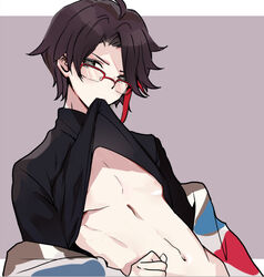 1boy abs androgynous biting_clothes black_hair blue_eyes brown_hair glasses green_eyes lifting_shirt male_only male_solo midriff multicolored_hair muscular muscular_male navel nijisanji red_hair saegusa_akina solo teal_eyes virtual_youtuber wumumu