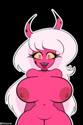 1girls areola big_breasts black_eyes breasts demon demon_girl demon_horns female female_only helluva_boss horns hourglass_figure ketadune looking_at_viewer nipples pink_hair red_skin solo succubus thick_thighs thighs vagina verosika_mayday_(helluva_boss) voluptuous white_hair yellow_eyes