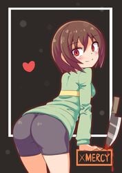 bike_shorts blood brown_hair chara clothing cougar1404 female female_only knife looking_at_viewer presenting presenting_hindquarters red_eyes red_pupils short_hair shorts simple_background smile tagme teasing tight_clothing undertale