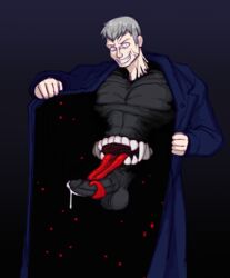 1boy body_horror looking_at_viewer male_only melty_blood nero_chaos nrvnqsr_chaos precum_drip presenting presenting_penis solo_male stomach_mouth trenchcoat tsukihime type-moon yaoi