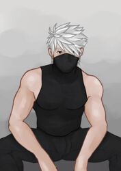 1boy anbu_(naruto) bara bichikyu bodysuit gay hatake_kakashi kakashi_hatake male male_focus male_only masked masked_male naruto pants sitting skin_tight solo teacher white_hair yaoi