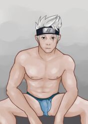 1boy bara bichikyu blue_underwear gay hatake_kakashi male male_focus male_only masked masked_male naruto sitting solo teacher underwear white_hair yaoi