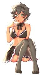 1girls big_breasts black_clover black_hair dark-skinned_female dark_skin digital_media_(artwork) female fluffy_hair green_eyes maid maid_bikini maid_uniform micchwan short_hair sol_marron stockings thick_ass thick_thighs very_short_hair