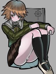 1boy black_socks blush brown_hair brown_skirt clothed clothing danganronpa danganronpa:_trigger_happy_havoc femboy fujisaki_chihiro hazel_eyes knees_up male male_only pantyshot pantyshot_(sitting) short_hair sitting skirt smooth_skin solo thighs trizzz upskirt